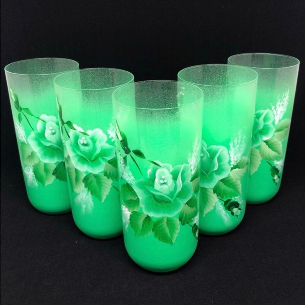 Oberglas 1806 Green Hand-Painted with Green Rose Flowers 5 Cups / Glasses